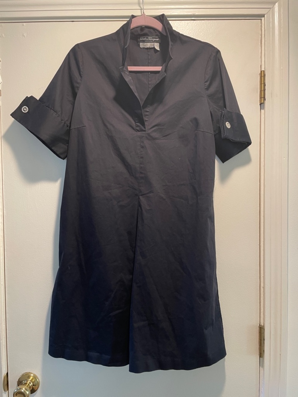 Salvatore Ferragamo Navy Short-Sleeve V-Neck Shift Dress